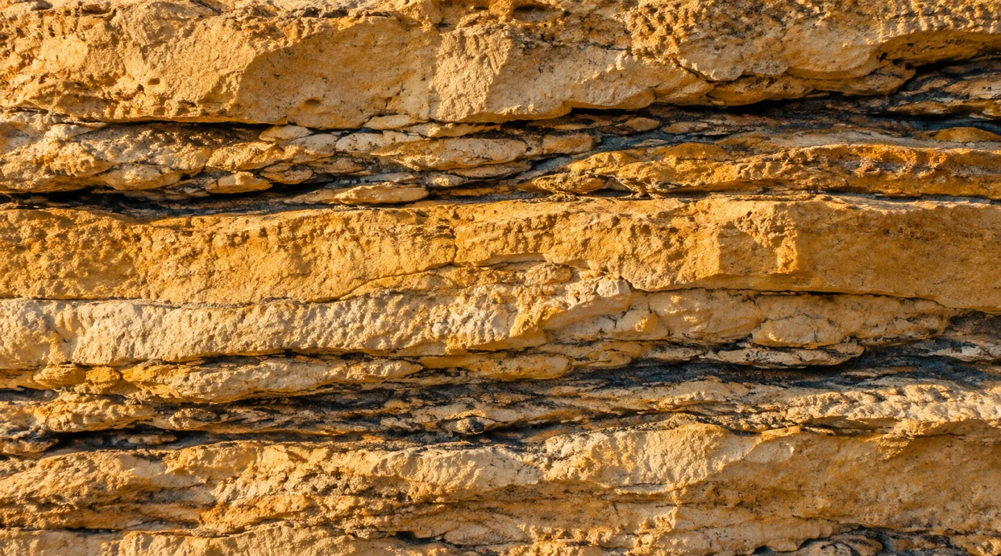Strati orizzontali di pietra calcarea dorata in luce radente, immagine editoriale