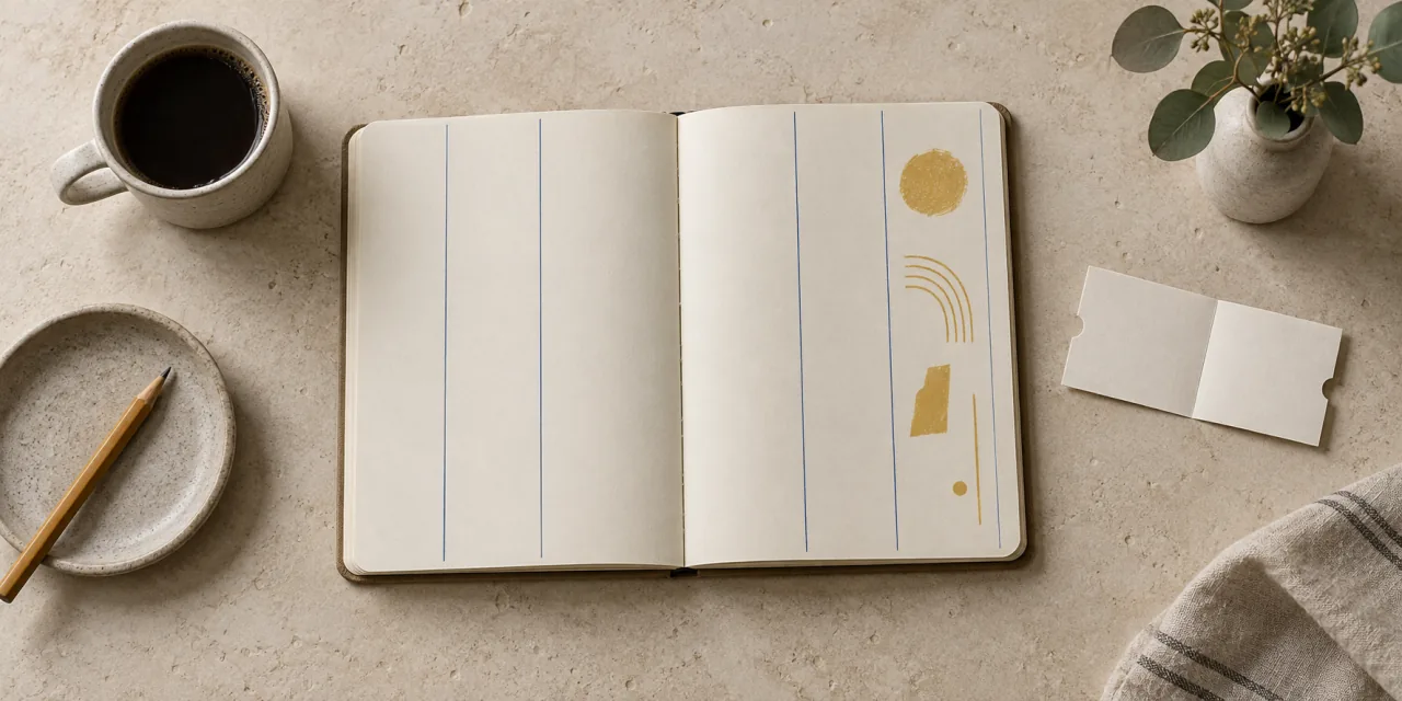 Carnet aperto con colonne rigate lasciate vuote e un tagliando di carta piegato accanto, immagine editoriale